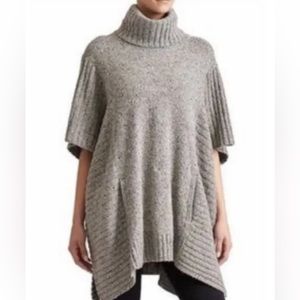 Athleta Passage Sweater Wool Poncho in Grey Donegal Turtleneck Oversized XS-M